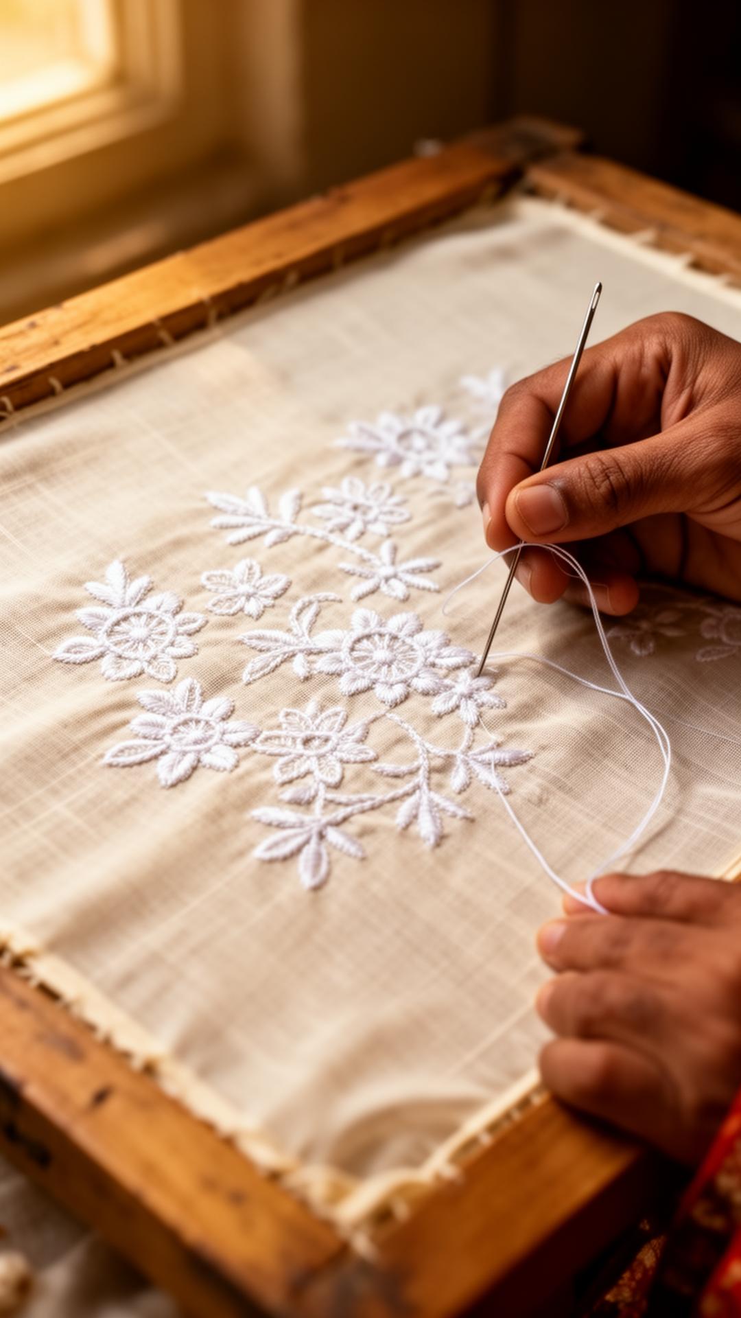 Artisan hands embroidering chikankari