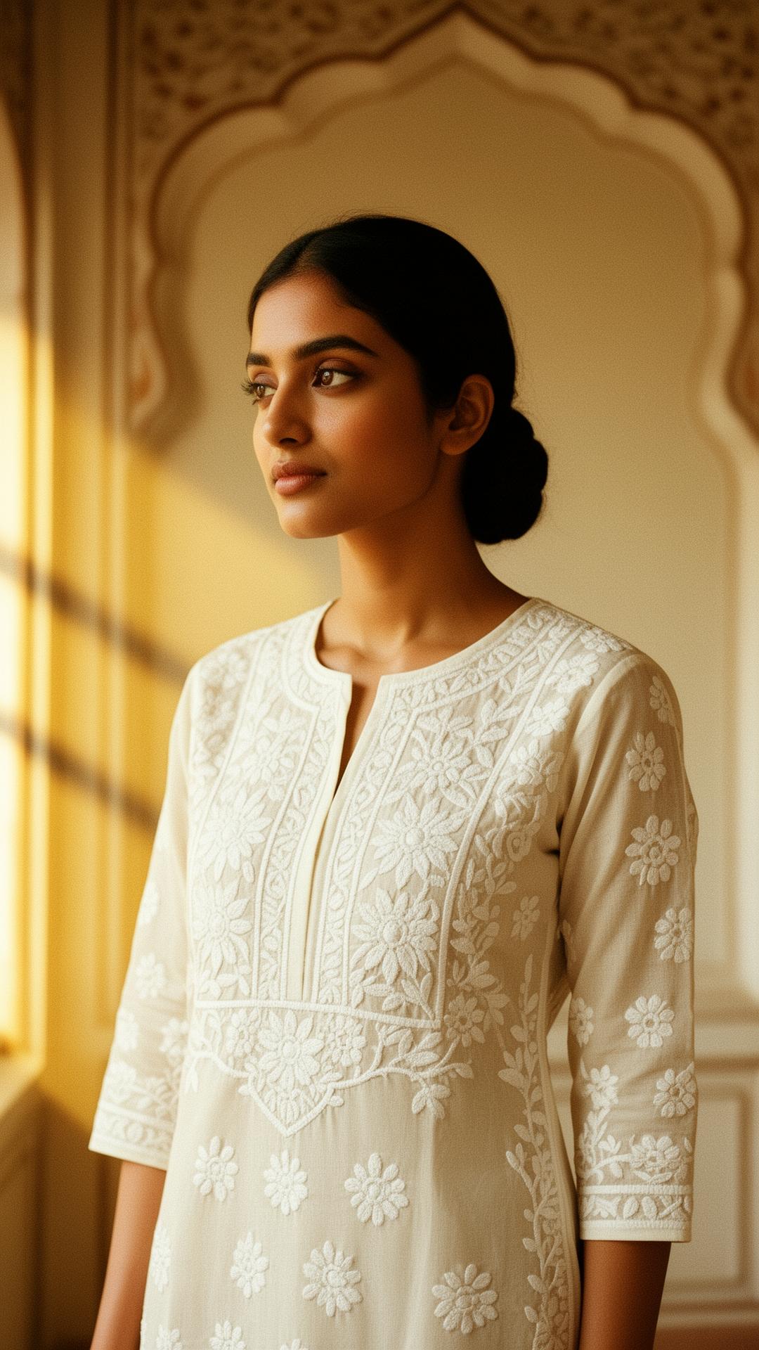 Woman in ivory chikankari kurta